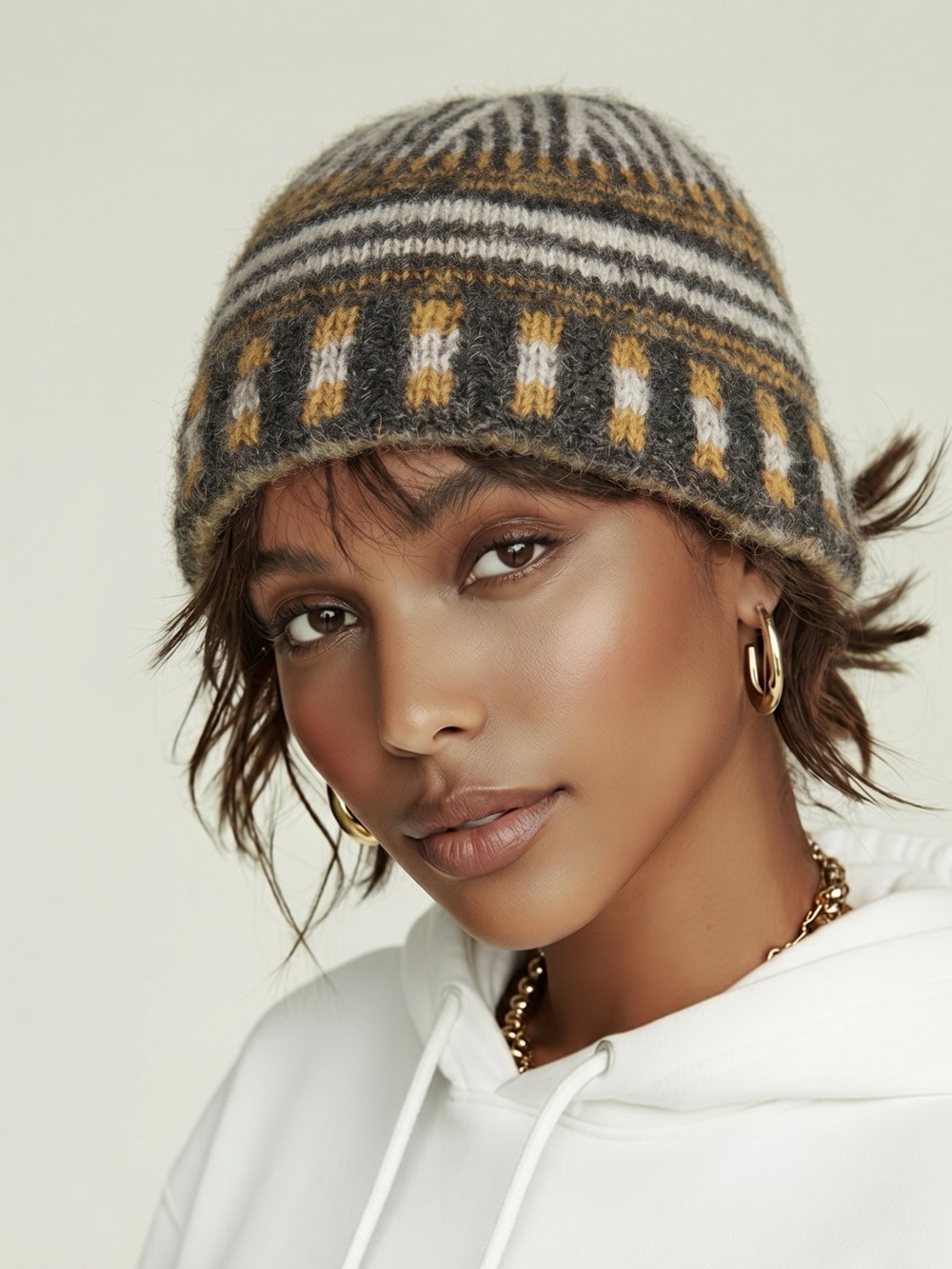 Striped Knit Beanie in Gray, White & Mustard